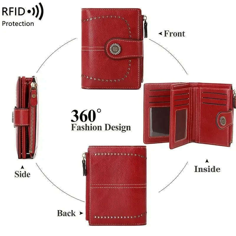 Retro three-fold RFID shielding women's short wallet, solid color large capacity daily fashion versatile clutch bag - KIMLUD