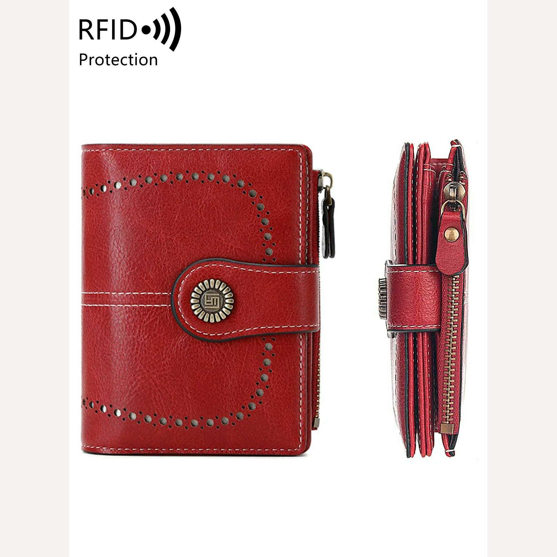 Retro three-fold RFID shielding women's short wallet, solid color large capacity daily fashion versatile clutch bag - KIMLUD