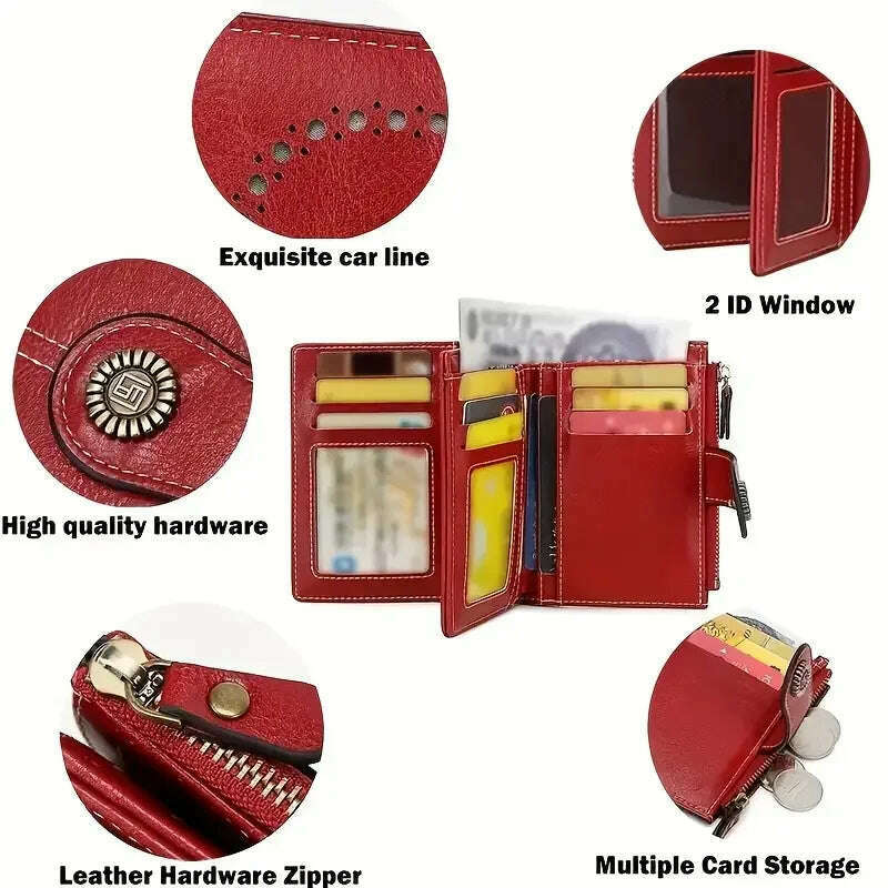 Retro three-fold RFID shielding women's short wallet, solid color large capacity daily fashion versatile clutch bag - KIMLUD