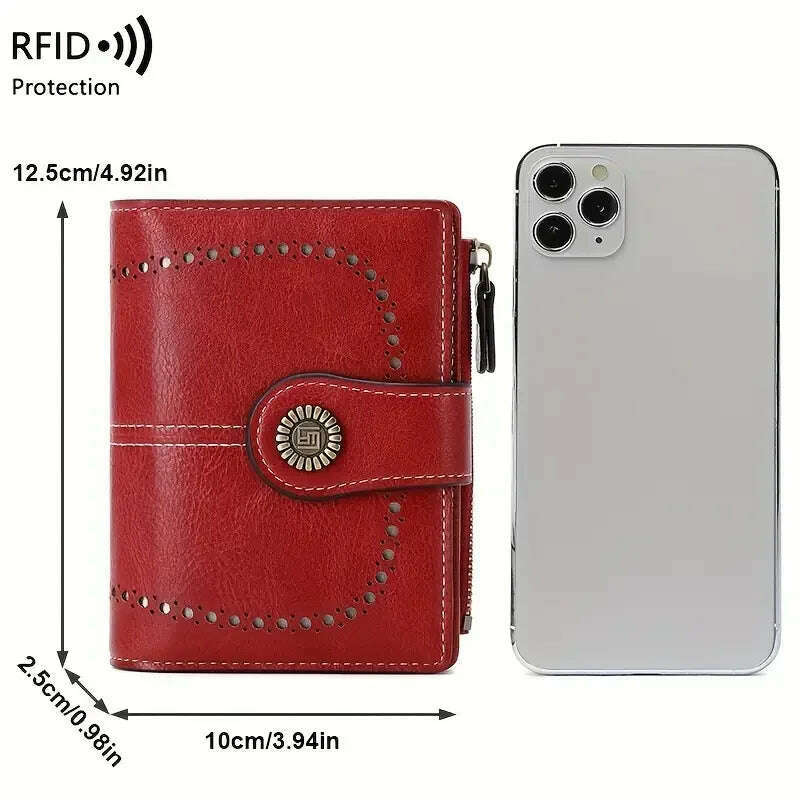 Retro three-fold RFID shielding women's short wallet, solid color large capacity daily fashion versatile clutch bag - KIMLUD