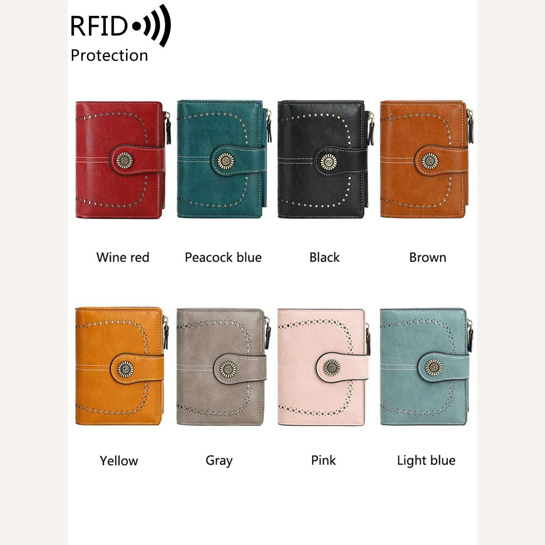 Retro three-fold RFID shielding women's short wallet, solid color large capacity daily fashion versatile clutch bag - KIMLUD
