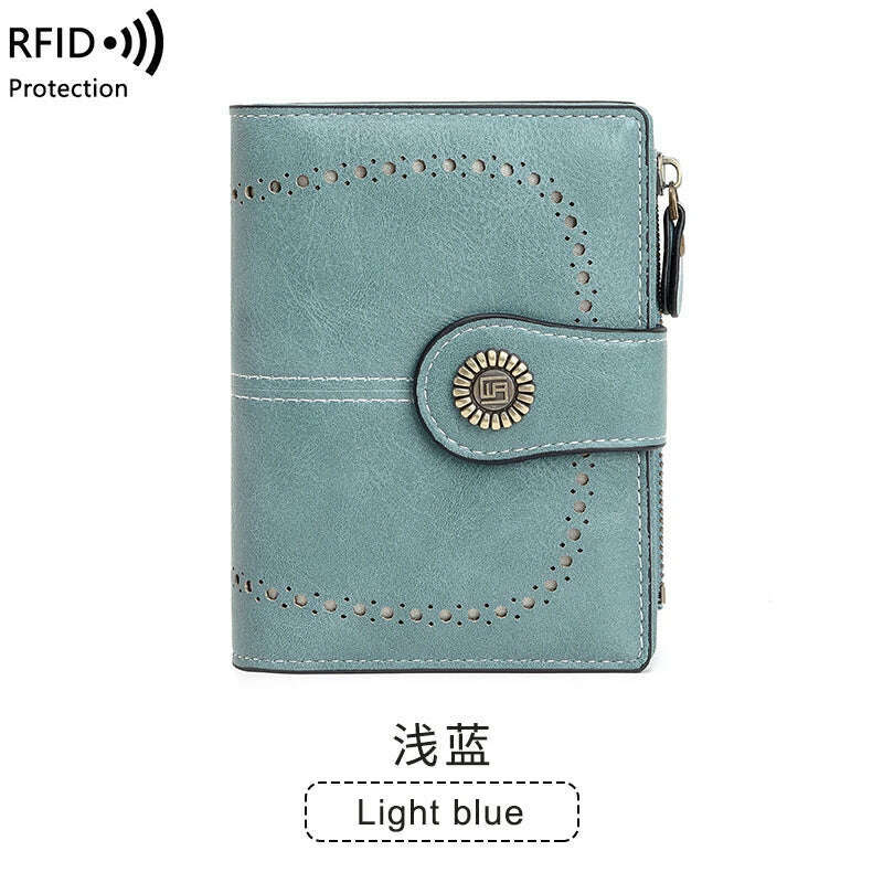 Retro three-fold RFID shielding women's short wallet, solid color large capacity daily fashion versatile clutch bag - KIMLUD
