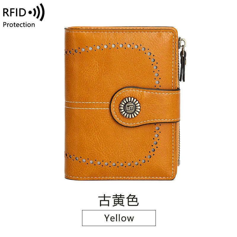 Retro three-fold RFID shielding women's short wallet, solid color large capacity daily fashion versatile clutch bag - KIMLUD