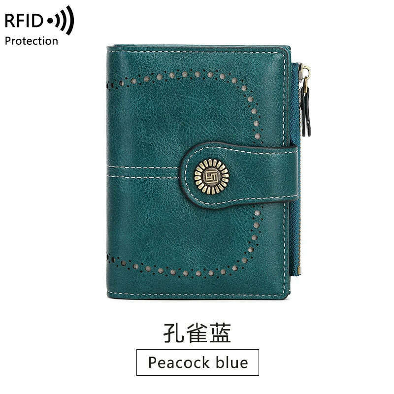 Retro three-fold RFID shielding women's short wallet, solid color large capacity daily fashion versatile clutch bag - KIMLUD