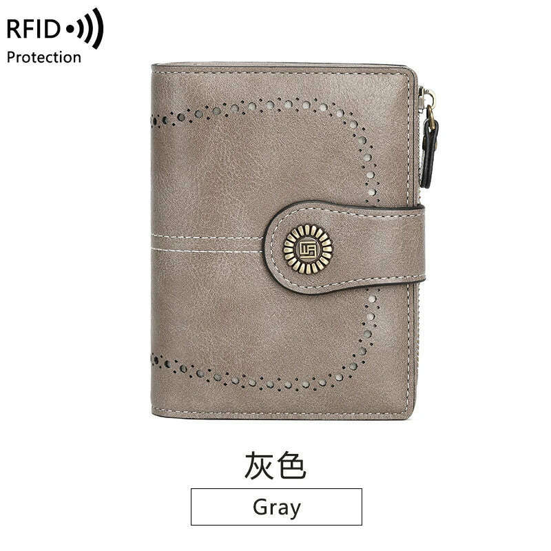 Retro three-fold RFID shielding women's short wallet, solid color large capacity daily fashion versatile clutch bag - KIMLUD