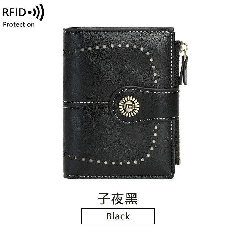 Retro three-fold RFID shielding women's short wallet, solid color large capacity daily fashion versatile clutch bag - KIMLUD