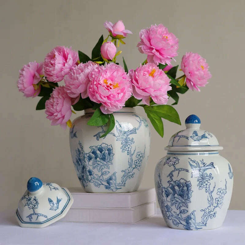 KIMLUD, Retro Vase Ice Cracked Blue and White Porcelain High Grade Feeling Flower Bottle Hydroponic Ceramic Vase Octagonal Storage Jar, KIMLUD Womens Clothes