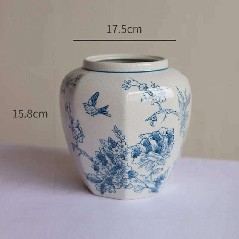 KIMLUD, Retro Vase Ice Cracked Blue and White Porcelain High Grade Feeling Flower Bottle Hydroponic Ceramic Vase Octagonal Storage Jar, S.Vase, KIMLUD Womens Clothes