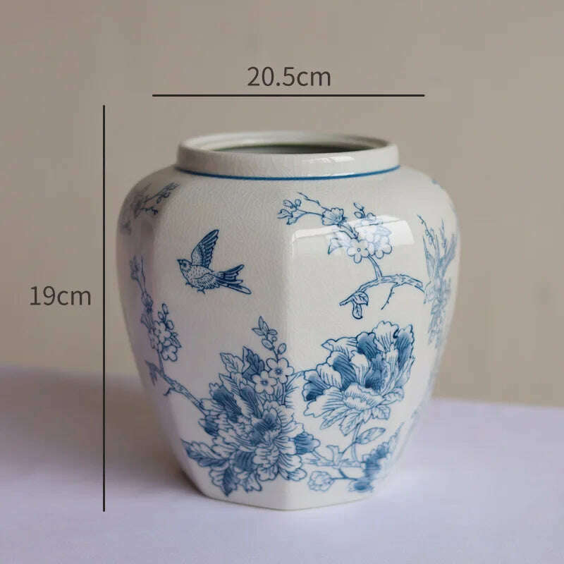 KIMLUD, Retro Vase Ice Cracked Blue and White Porcelain High Grade Feeling Flower Bottle Hydroponic Ceramic Vase Octagonal Storage Jar, L. Vase, KIMLUD Womens Clothes