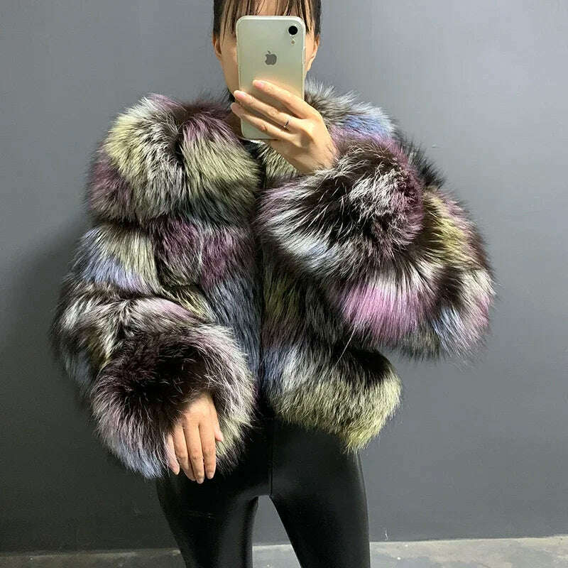 KIMLUD, rf20131 Multicolor Women's Real Fox Fur Jacket Cropped Short Style Super Fluffy Winter Natural Fur Coat, KIMLUD Women's Clothes