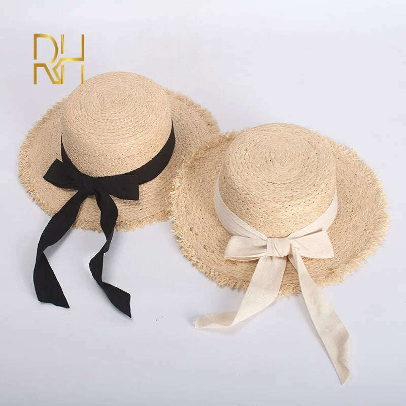KIMLUD, RH Summer Women Boater Beach Hat Female Casual Panama Hat Lady Brand Classic Bowknot Straw Flat Sun Hat Female Fedora, KIMLUD Womens Clothes