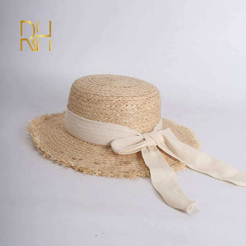 KIMLUD, RH Summer Women Boater Beach Hat Female Casual Panama Hat Lady Brand Classic Bowknot Straw Flat Sun Hat Female Fedora, KIMLUD Womens Clothes