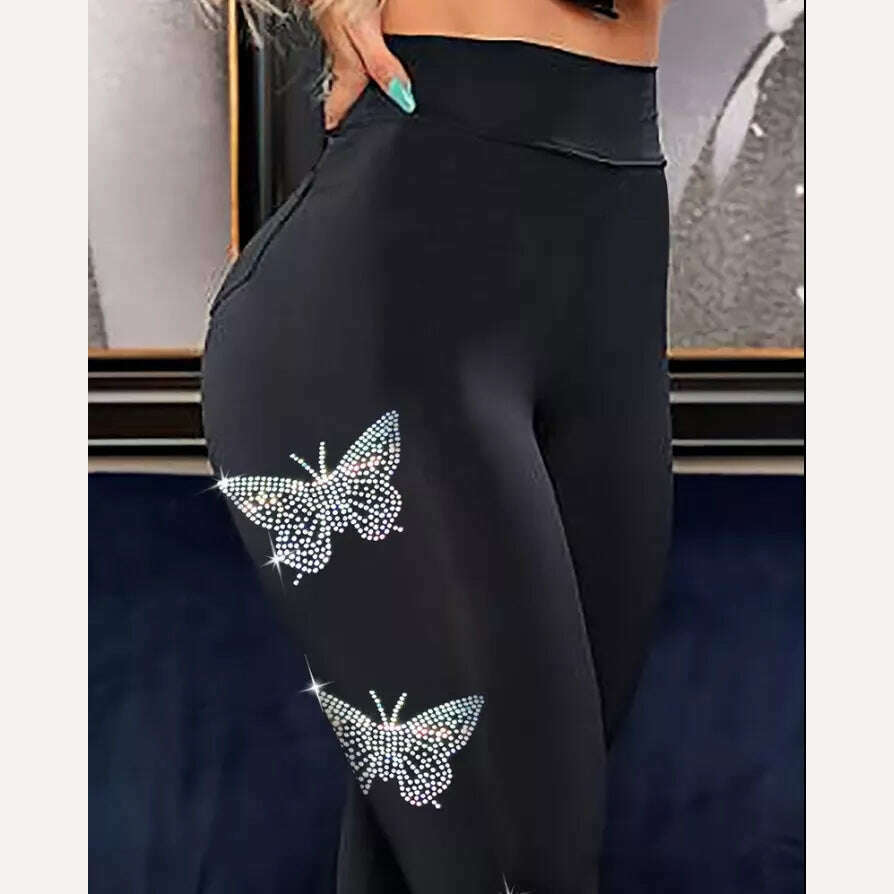 KIMLUD, Rhinestone Butterfly Pattern High Waist Skinny Pants Personality Europe and America Fashion Women's Clothing 2022, A / S / China, KIMLUD Women's Clothes