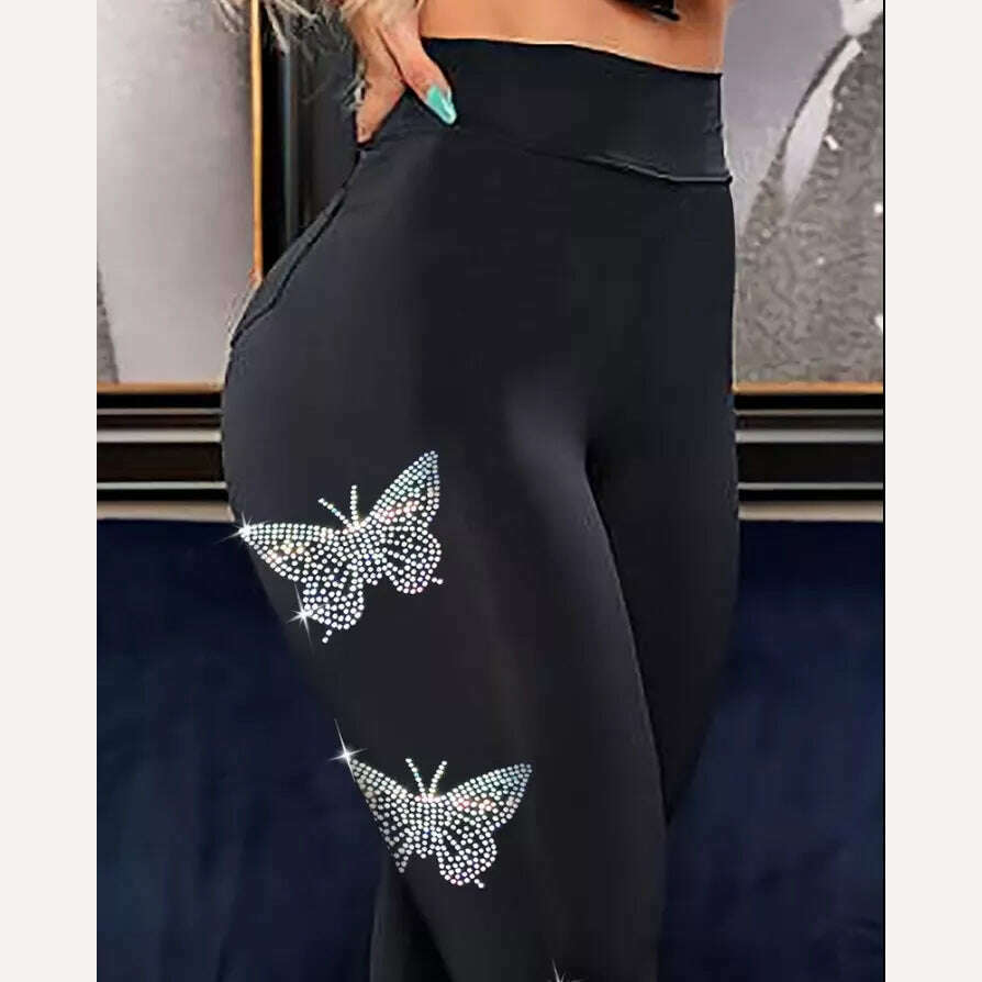 Rhinestone Butterfly Pattern High Waist Skinny Pants Personality Europe and America Fashion Women's Clothing 2022 - KIMLUD