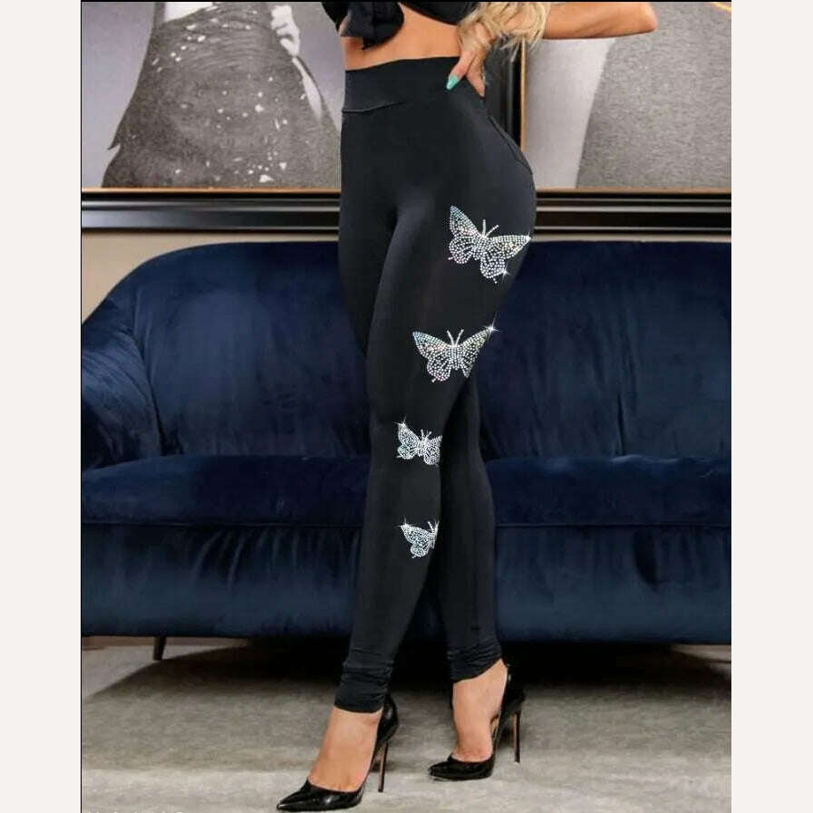 Rhinestone Butterfly Pattern High Waist Skinny Pants Personality Europe and America Fashion Women's Clothing 2022 - KIMLUD