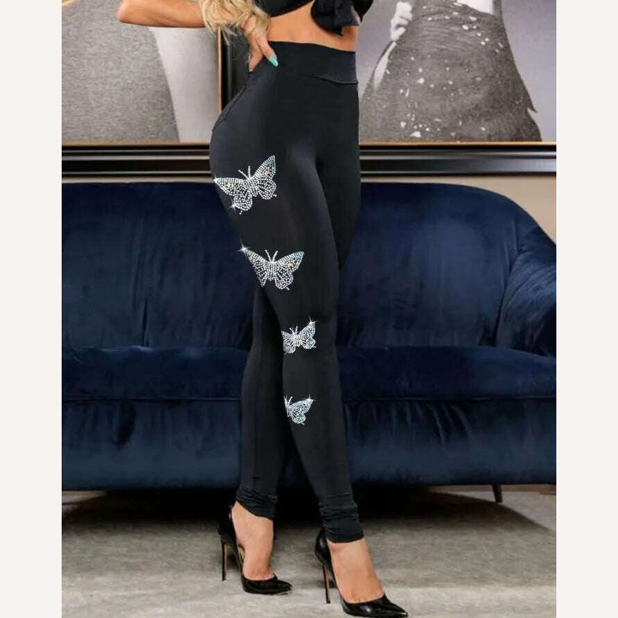 Rhinestone Butterfly Pattern High Waist Skinny Pants Personality Europe and America Fashion Women's Clothing 2022 - KIMLUD