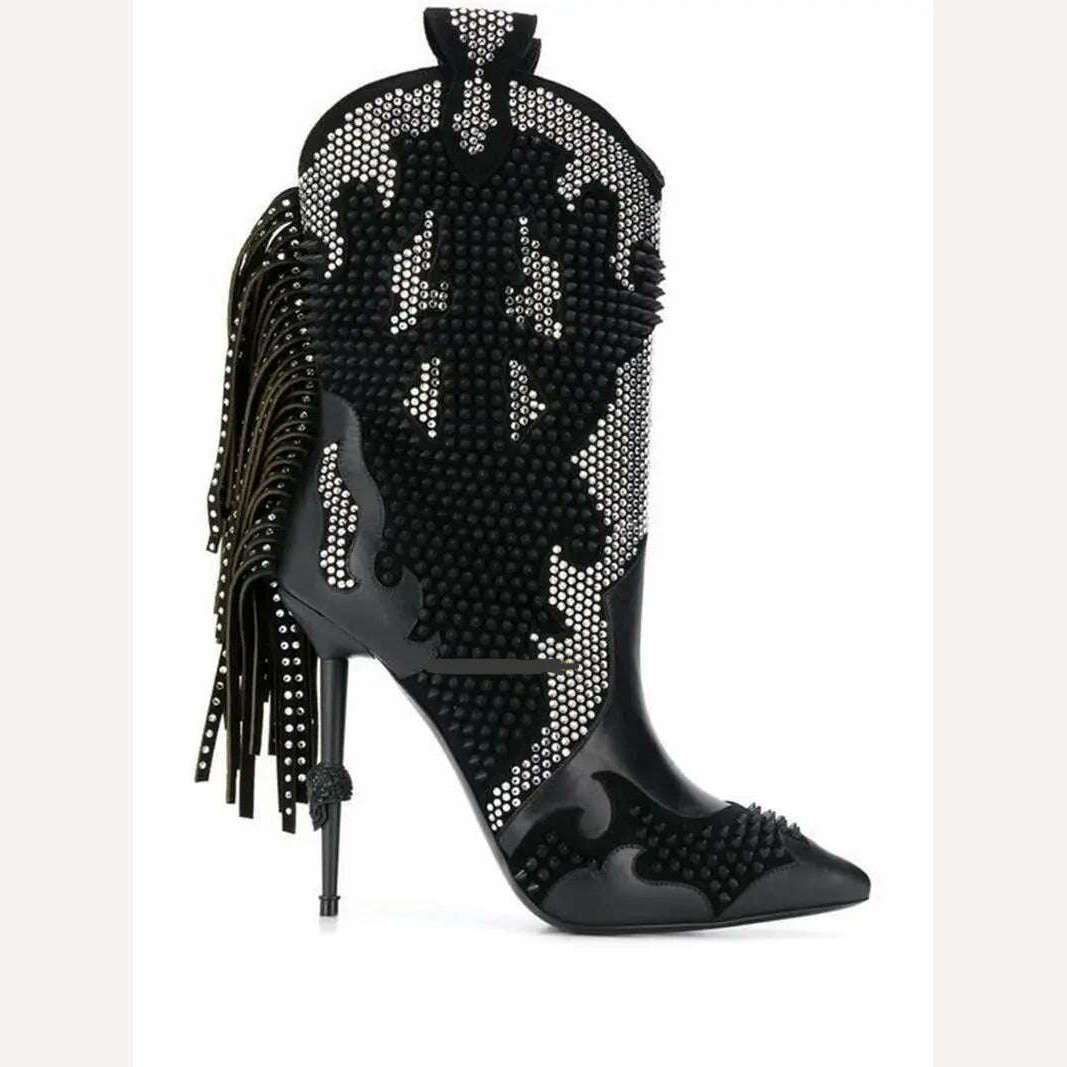 KIMLUD, Rhinestone Embellished Cowboy Boots Black Tassel Women High Heel Pointed Toe Pointy Thin Heeled Sparkle Western Boot, KIMLUD Women's Clothes