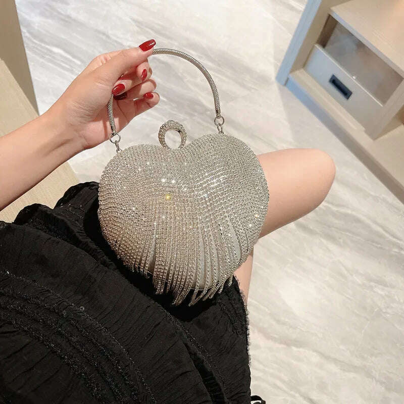 KIMLUD, Rhinestone Evening Bag Heart Pattern Silver Clutch Womens Fashion Diamond Banquet Clutch And Purse Wedding Bridal Prom Wallets, KIMLUD Womens Clothes