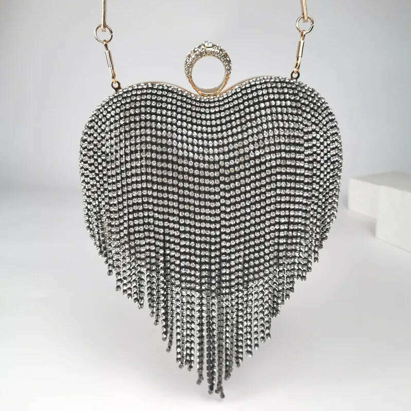 Rhinestone Evening Bag Heart Pattern Silver Clutch Womens Fashion Diamond Banquet Clutch And Purse Wedding Bridal Prom Wallets - KIMLUD