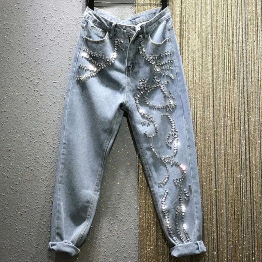 Rhinestone jeans women spring summer Heavy Industry fashion Beads High Waist Loose Straight Casual cross pants - KIMLUD