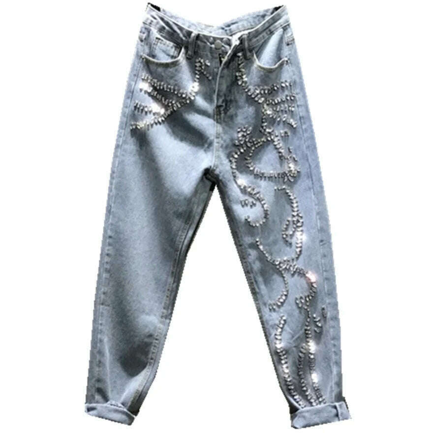 Rhinestone jeans women spring summer Heavy Industry fashion Beads High Waist Loose Straight Casual cross pants - KIMLUD