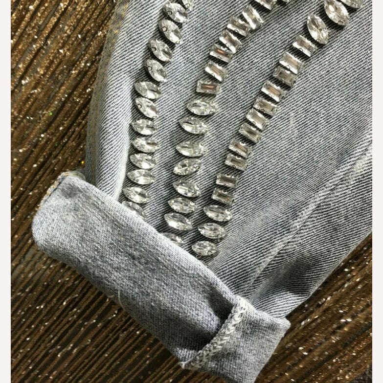 Rhinestone jeans women spring summer Heavy Industry fashion Beads High Waist Loose Straight Casual cross pants - KIMLUD