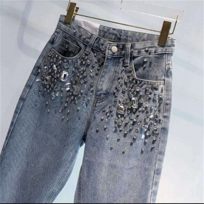 Rhinestone jeans women spring summer Heavy Industry fashion Beads High Waist Loose Straight Casual cross pants - KIMLUD