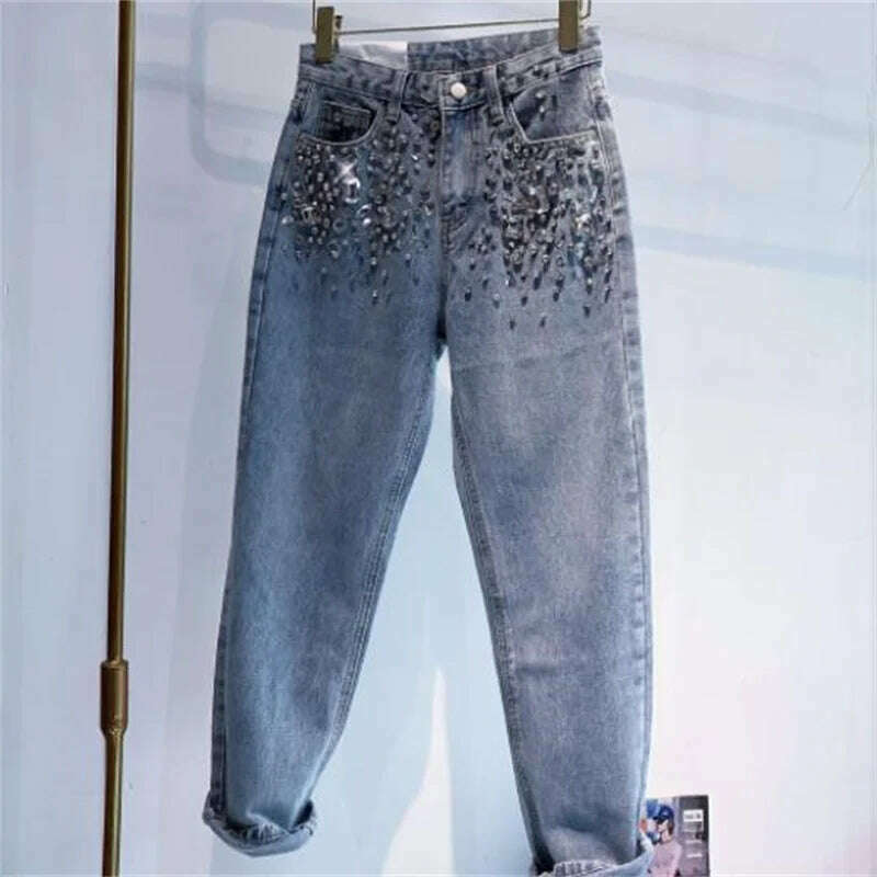 Rhinestone jeans women spring summer Heavy Industry fashion Beads High Waist Loose Straight Casual cross pants - KIMLUD