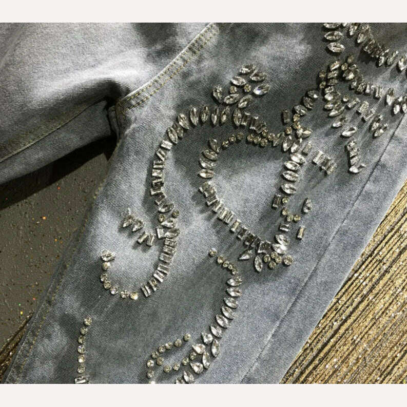Rhinestone jeans women spring summer Heavy Industry fashion Beads High Waist Loose Straight Casual cross pants - KIMLUD