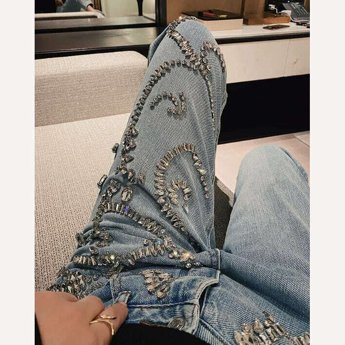 Rhinestone jeans women spring summer Heavy Industry fashion Beads High Waist Loose Straight Casual cross pants - KIMLUD
