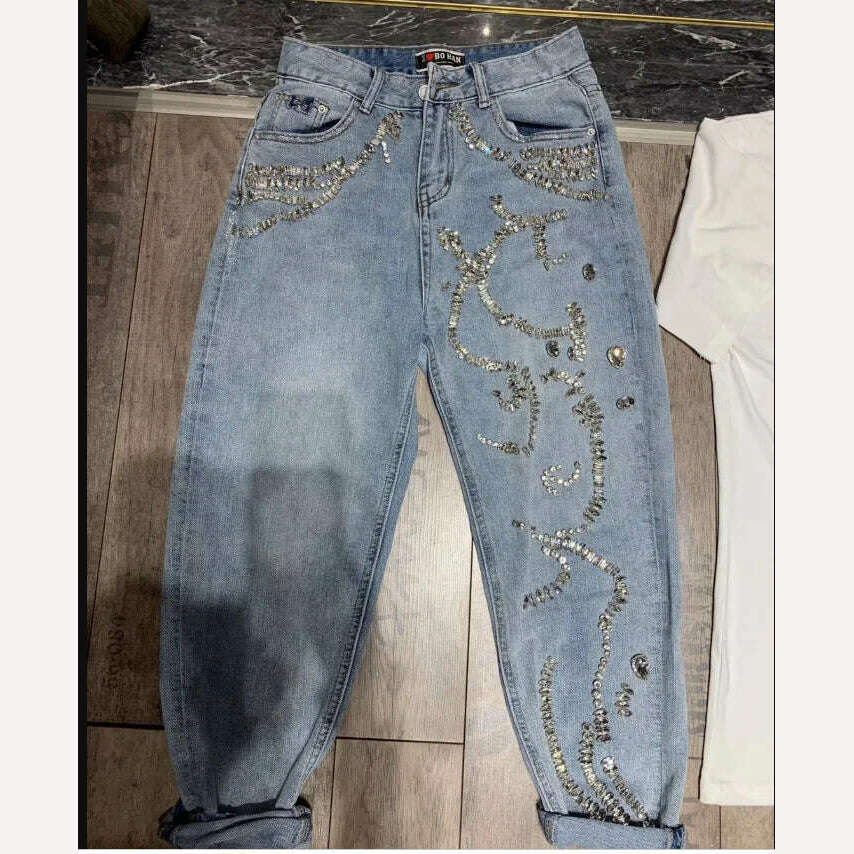 Rhinestone jeans women spring summer Heavy Industry fashion Beads High Waist Loose Straight Casual cross pants - KIMLUD