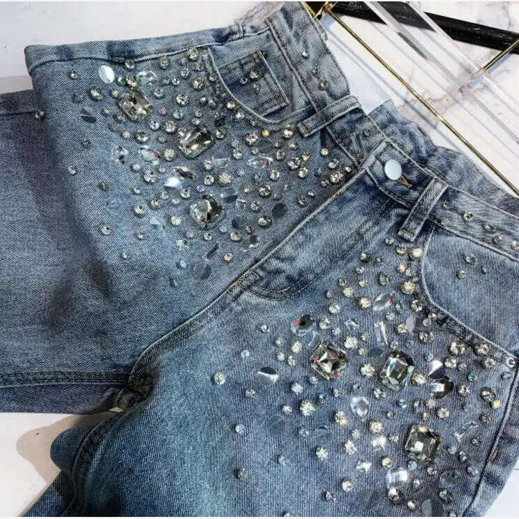 Rhinestone jeans women spring summer Heavy Industry fashion Beads High Waist Loose Straight Casual cross pants - KIMLUD