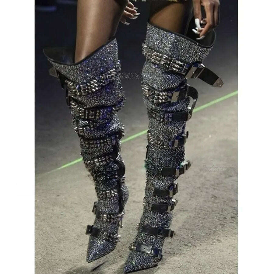 Rhinestone Studded Boots over Knee Women Fashion Slip On Knee High Booties Designer Motorcycle Shoes Autumn Winter 2023Plus Size, KIMLUD Women's Clothes