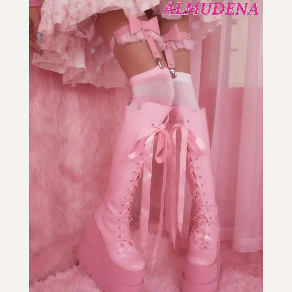 Ribbon Lace Up Knee High Platform Boots Women Pink Leather Super High Heels Big Size Boot Wedges Y2K Lolita Dress Highten Shoes - KIMLUD