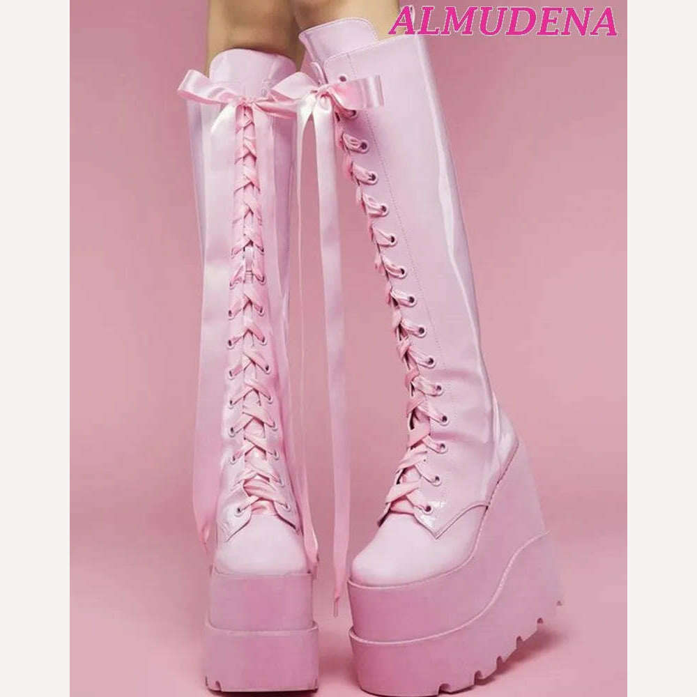 KIMLUD, Ribbon Lace Up Knee High Platform Boots Women Pink Leather Super High Heels Big Size Boot Wedges Y2K Lolita Dress Highten Shoes, KIMLUD Women's Clothes
