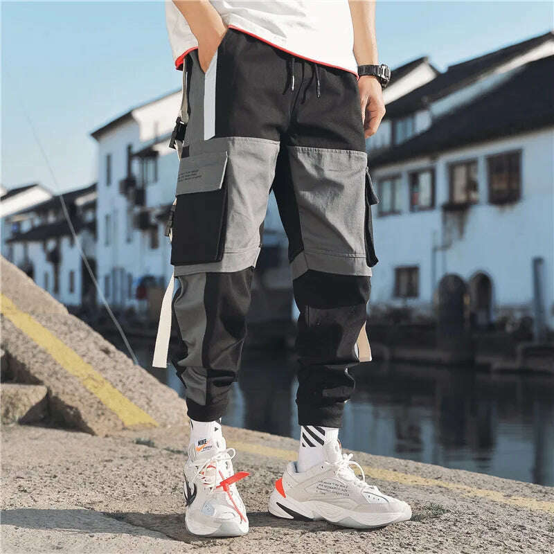KIMLUD, Ribbons Harem Joggers Men Cargo Pants Streetwear 2023 Hip Hop Casual Pockets Track Pants Male Harajuku Fashion Trousers, KIMLUD Women's Clothes