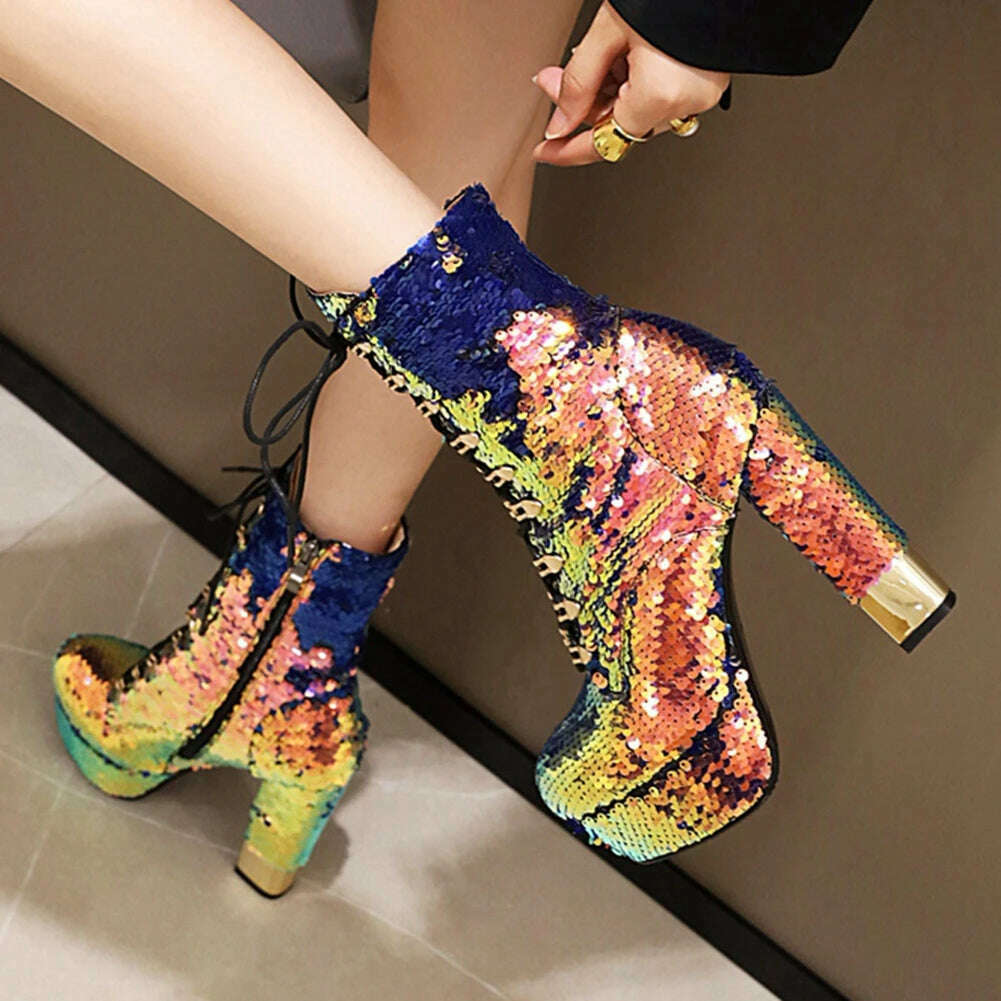 KIMLUD, RIBETRINI fashion party super high heels ankle boots women shining glitters boots ladies high platform shoes woman 2020, KIMLUD Womens Clothes