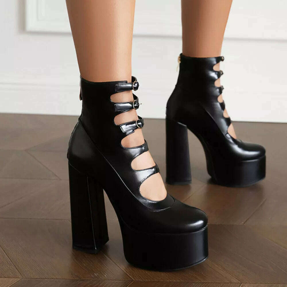 RIBETRINI Platform High Heels Summer Cutout Ankle Boots Zip Design Party Dress Sexy Punk Buckle Round Toe Shoes Motorcycle Boots - KIMLUD