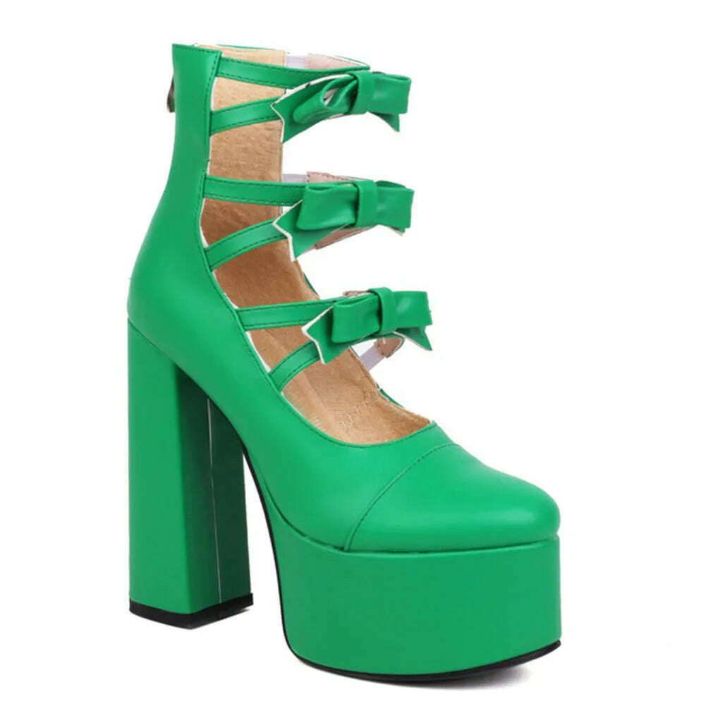 KIMLUD, RIBETRINI Platform High Heels Summer Cutout Ankle Boots Zip Design Party Dress Sexy Punk Buckle Round Toe Shoes Motorcycle Boots, green A / 4, KIMLUD Women's Clothes