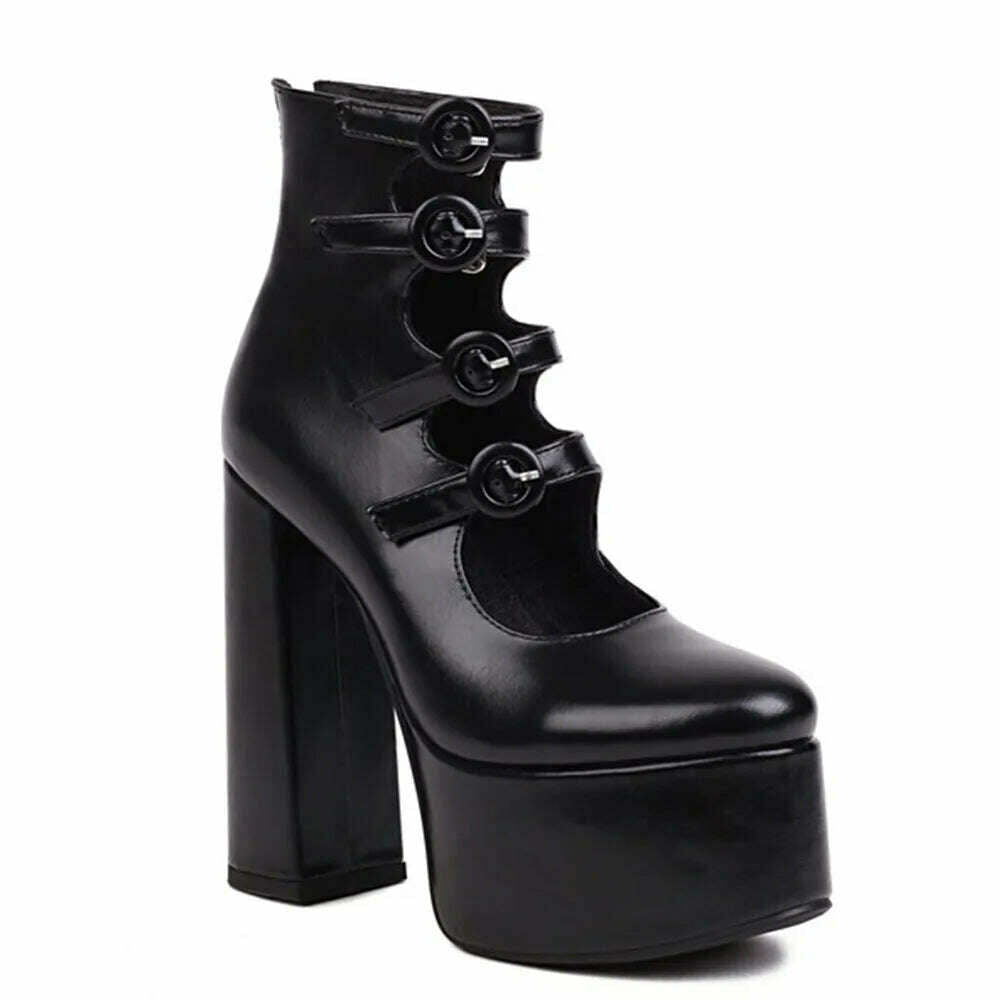 KIMLUD, RIBETRINI Platform High Heels Summer Cutout Ankle Boots Zip Design Party Dress Sexy Punk Buckle Round Toe Shoes Motorcycle Boots, black B / 4, KIMLUD Women's Clothes