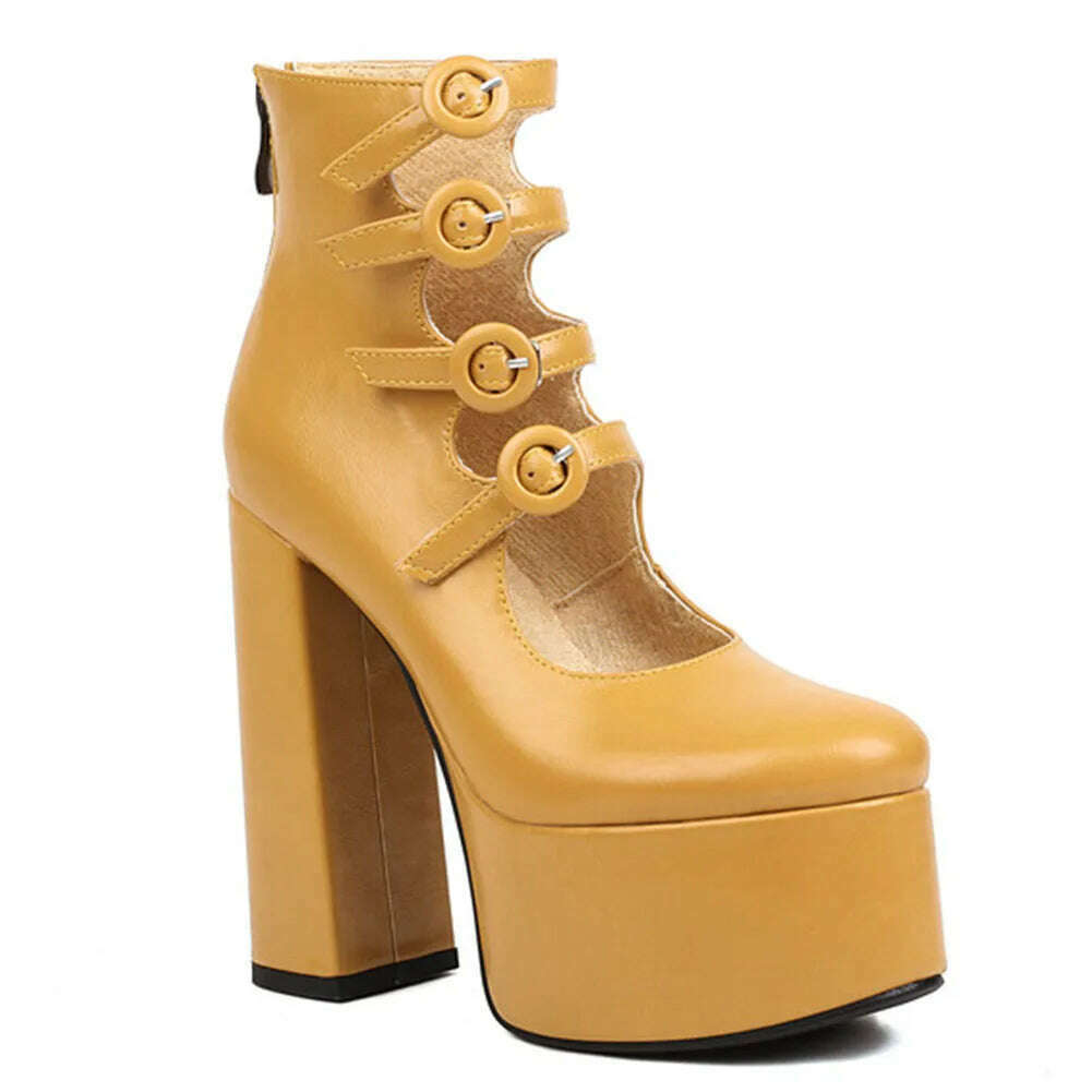 KIMLUD, RIBETRINI Platform High Heels Summer Cutout Ankle Boots Zip Design Party Dress Sexy Punk Buckle Round Toe Shoes Motorcycle Boots, yellow B / 4, KIMLUD Women's Clothes