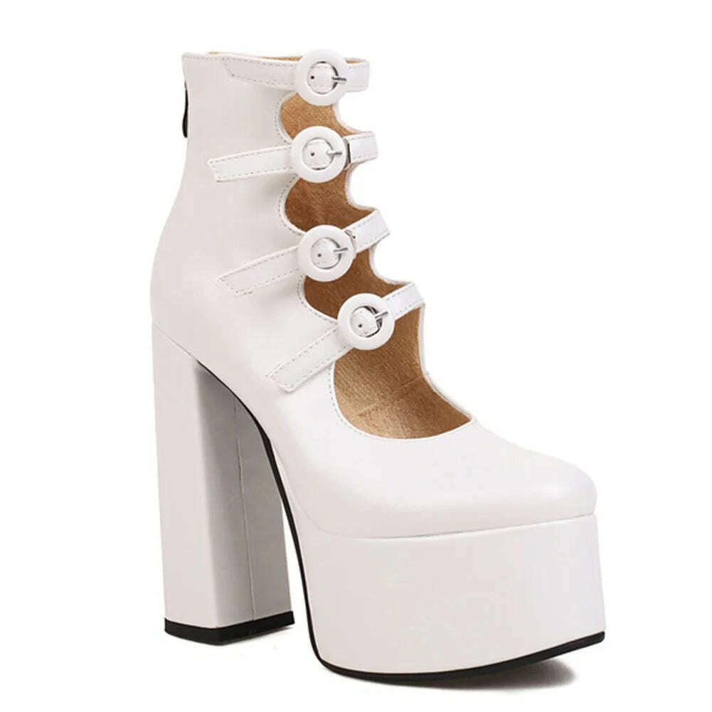 RIBETRINI Platform High Heels Summer Cutout Ankle Boots Zip Design Party Dress Sexy Punk Buckle Round Toe Shoes Motorcycle Boots - KIMLUD