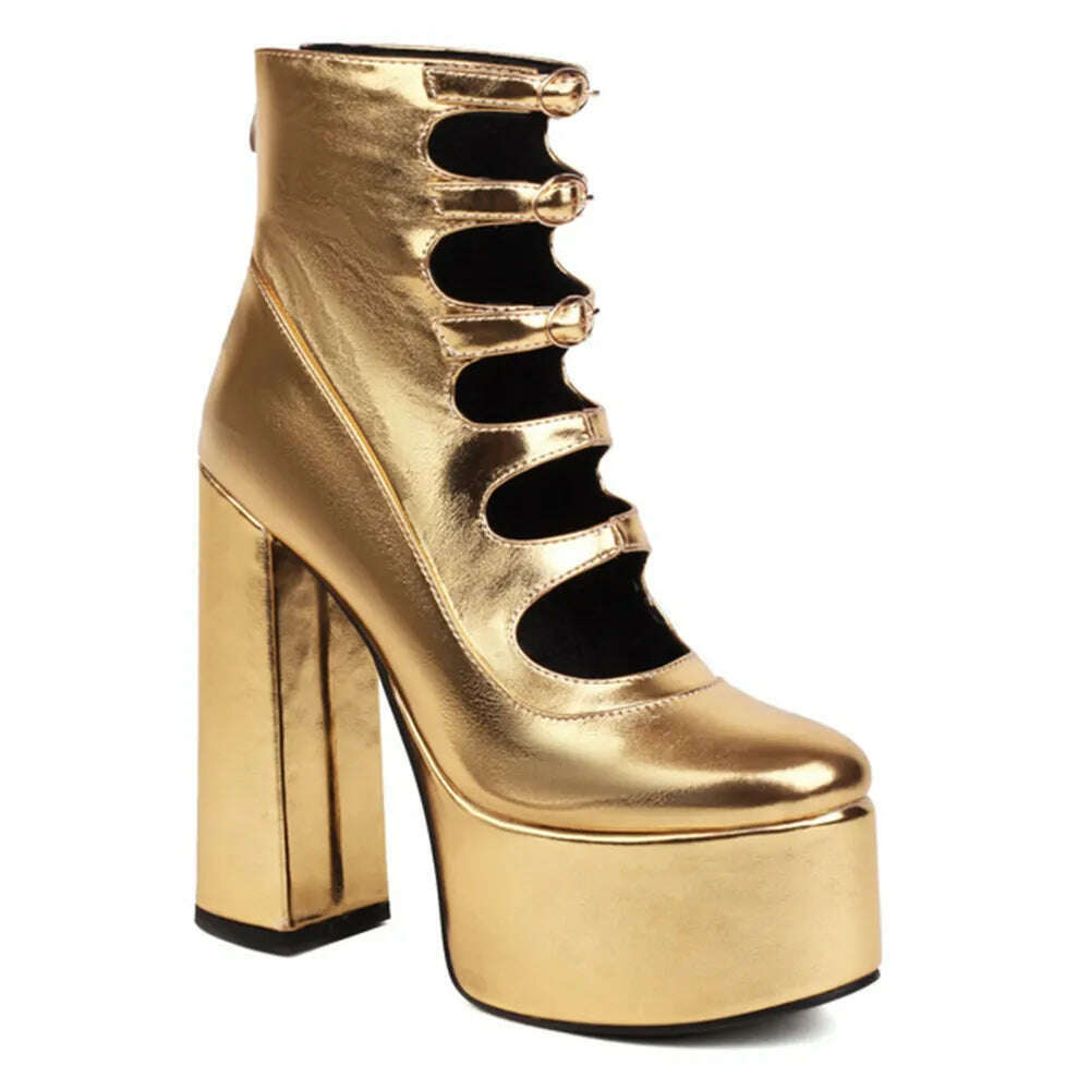 KIMLUD, RIBETRINI Platform High Heels Summer Cutout Ankle Boots Zip Design Party Dress Sexy Punk Buckle Round Toe Shoes Motorcycle Boots, gold C / 4, KIMLUD Women's Clothes
