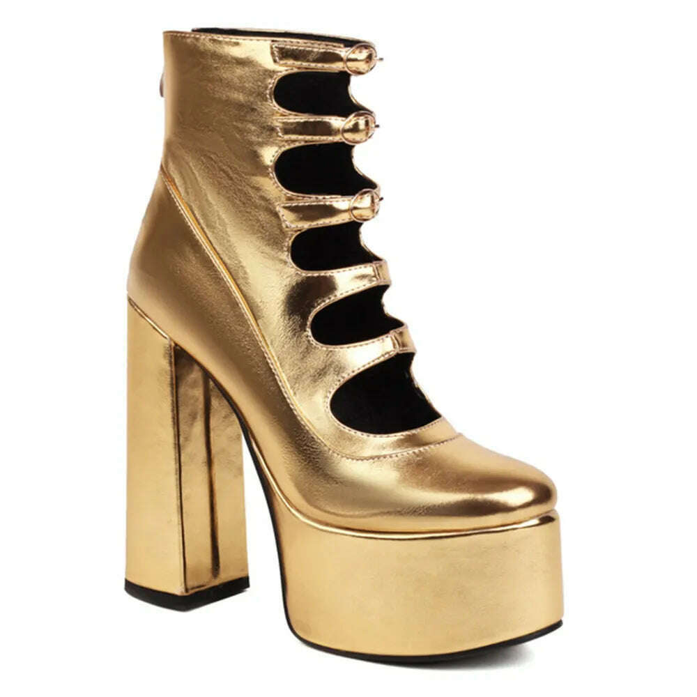 RIBETRINI Platform High Heels Summer Cutout Ankle Boots Zip Design Party Dress Sexy Punk Buckle Round Toe Shoes Motorcycle Boots - KIMLUD
