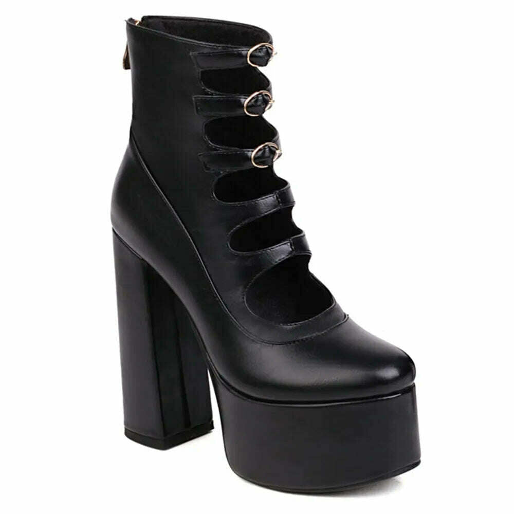 RIBETRINI Platform High Heels Summer Cutout Ankle Boots Zip Design Party Dress Sexy Punk Buckle Round Toe Shoes Motorcycle Boots - KIMLUD