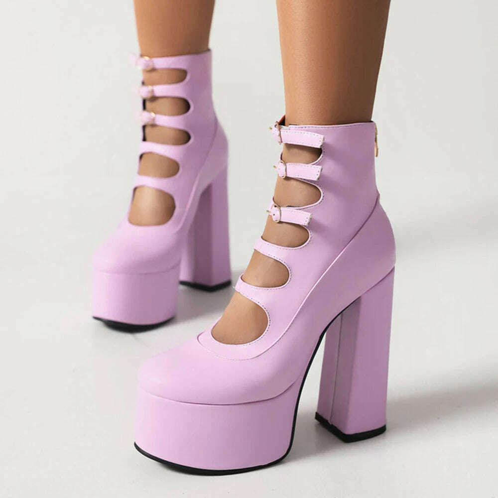 RIBETRINI Platform High Heels Summer Cutout Ankle Boots Zip Design Party Dress Sexy Punk Buckle Round Toe Shoes Motorcycle Boots - KIMLUD