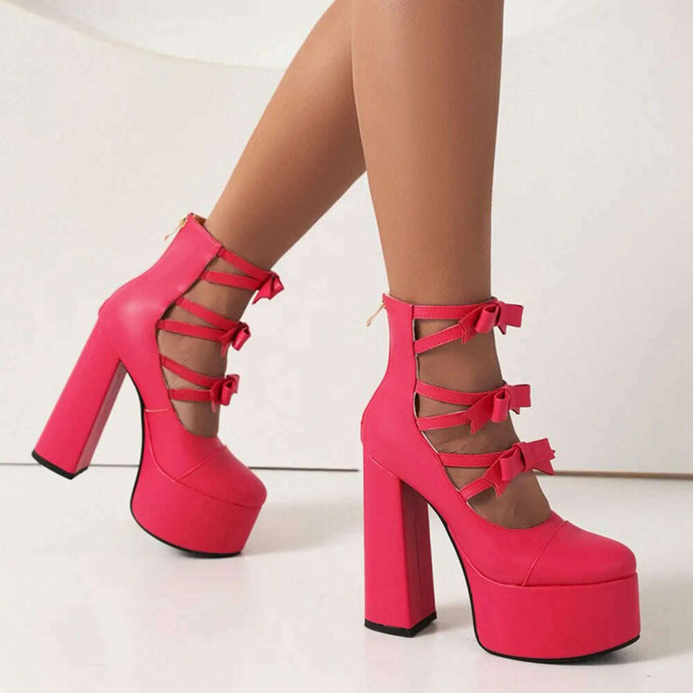 RIBETRINI Platform High Heels Summer Cutout Ankle Boots Zip Design Party Dress Sexy Punk Buckle Round Toe Shoes Motorcycle Boots - KIMLUD