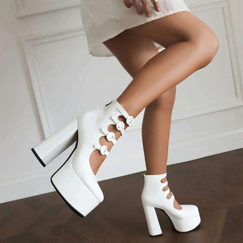 RIBETRINI Platform High Heels Summer Cutout Ankle Boots Zip Design Party Dress Sexy Punk Buckle Round Toe Shoes Motorcycle Boots - KIMLUD