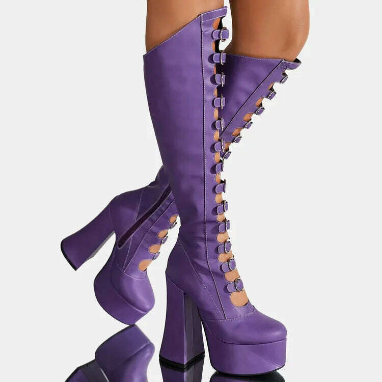 KIMLUD, RIBETRINI Punk Gothic Chic Platform Knee High Boots For Women Buckle Blcok High Heels Cosplay Halloween Long Designer Shoes, Purple / 5, KIMLUD Womens Clothes