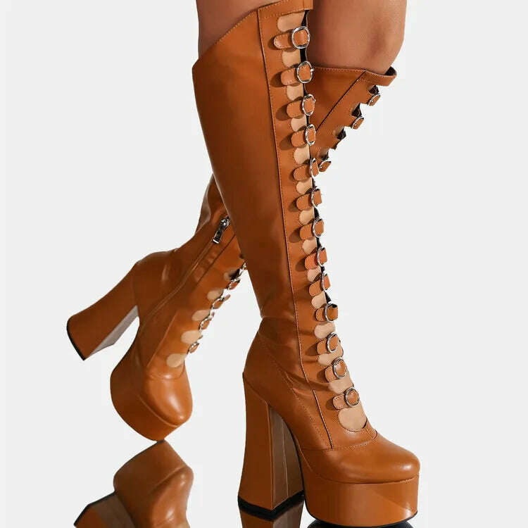 KIMLUD, RIBETRINI Punk Gothic Chic Platform Knee High Boots For Women Buckle Blcok High Heels Cosplay Halloween Long Designer Shoes, Brown / 5, KIMLUD Womens Clothes